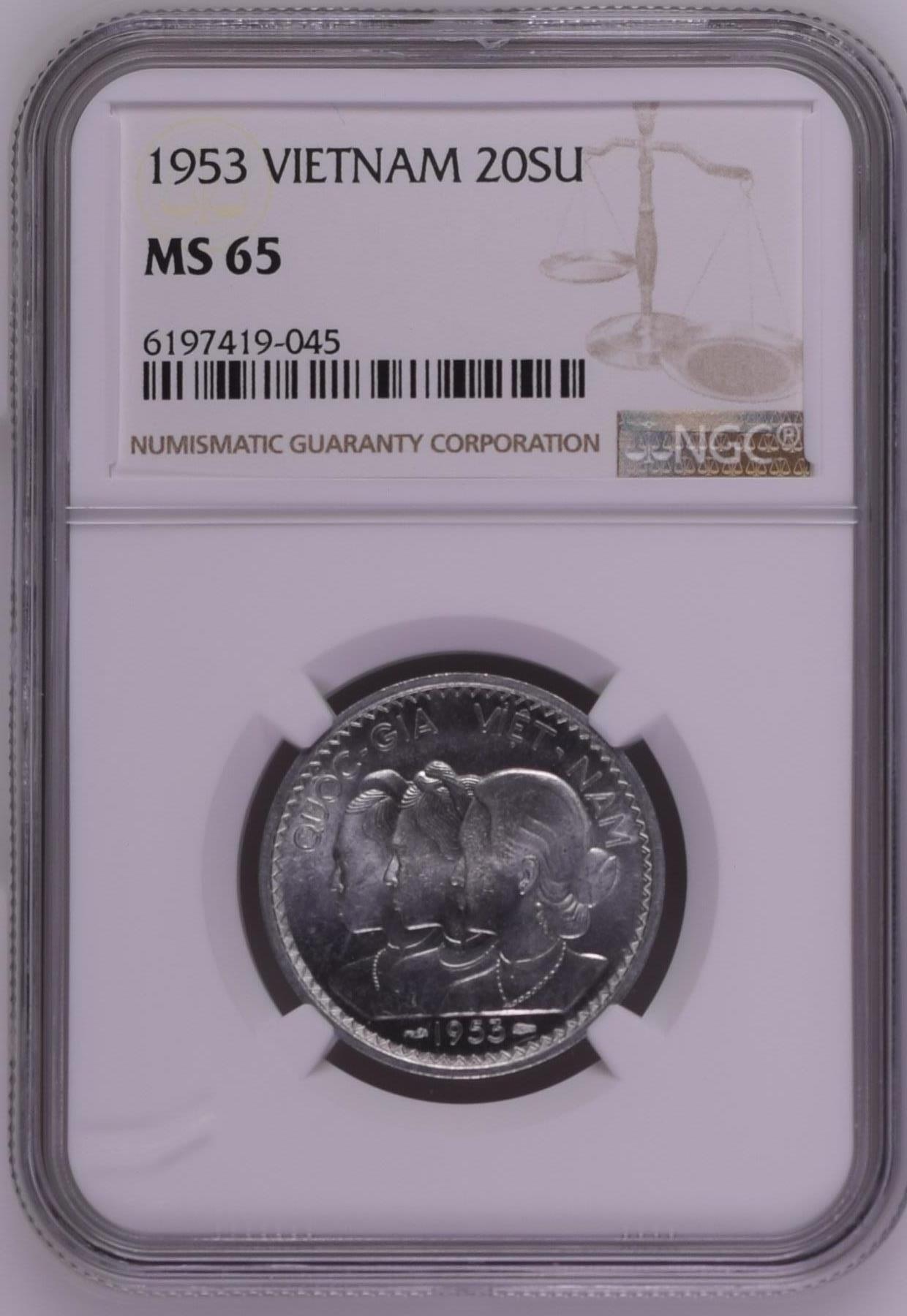 长老汇龙年精选第十三场拍卖 1953越南 三姐妹20苏铝币，NGC MS65，更高分26枚，热门