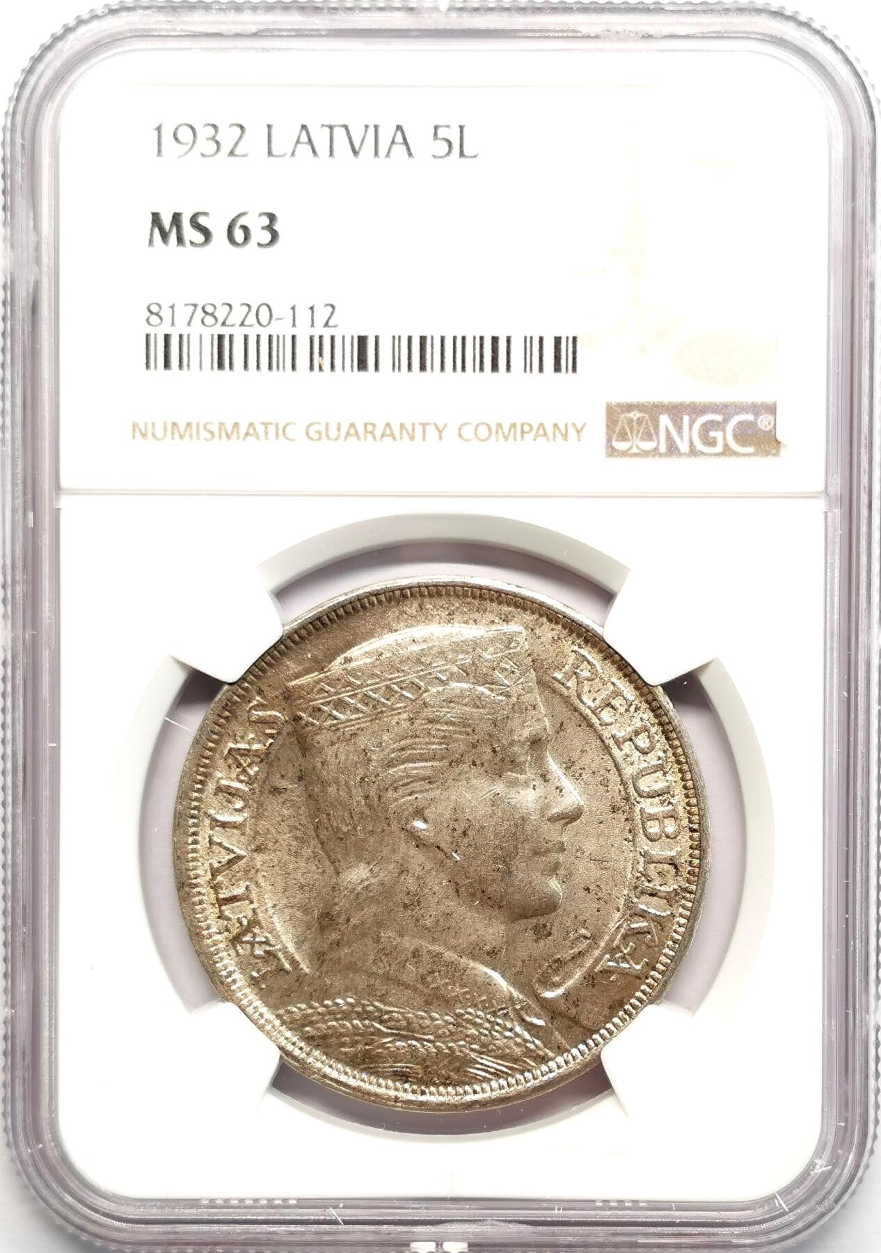 凡希社世界钱币微拍第二百七十八期 1932拉脱维亚民族少女5L大银NGC-MS63