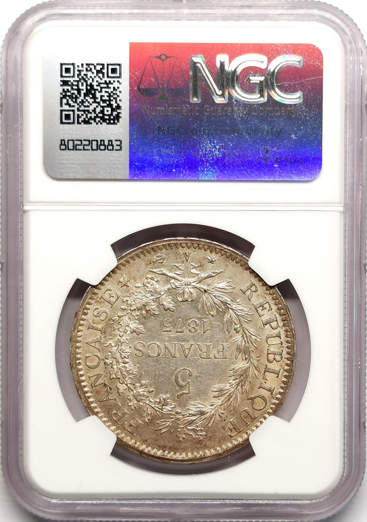 凡希社世界钱币微拍第二百七十八期 1873A法国大力神5法郎NGC-MS63