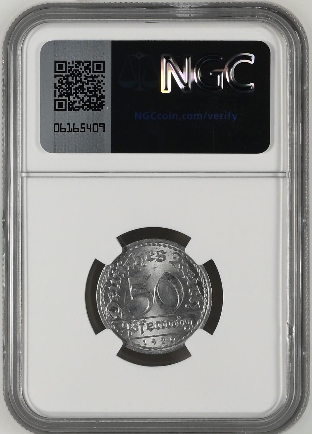 长老汇龙年精选第十三场拍卖 1920A 德国50芬尼铝币，NGC MS64