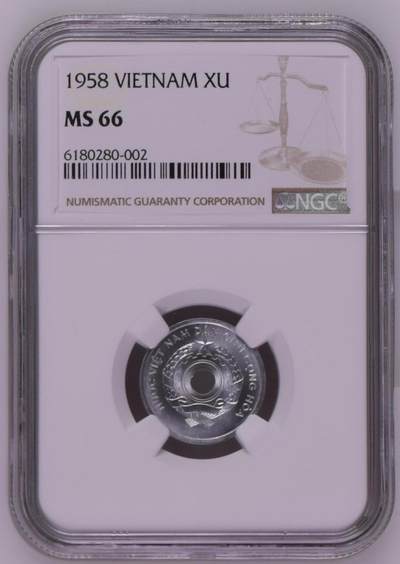 长老汇马年精选第七场拍卖 - 1958 越南 1苏中孔铝币，NGC MS66