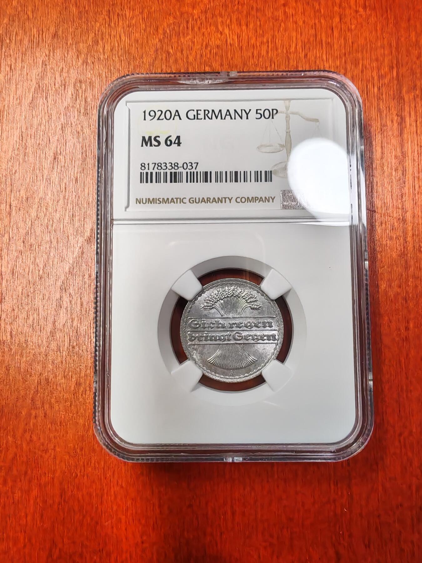长老汇龙年精选第十三场拍卖 1920A 德国50芬尼铝币，NGC MS64