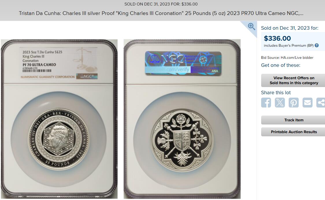 博洋堂“夏光旖旎”7月精品专场暨第085期（全场包邮） NGC PF70UC 特里斯坦·达库尼亚2023年国王查尔斯三世加冕25镑大银币，5盎司大银，热门品种，国内首见，外拍价2500