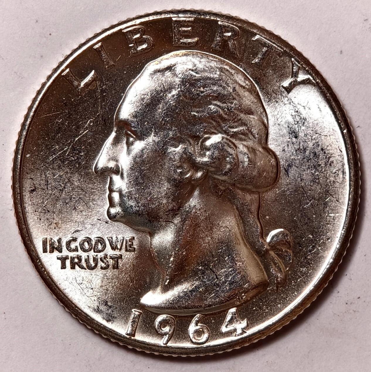 紫瑗钱币——第412期 美国 1964年 华盛顿 25美分 6.25克 0.9银 BU 可评级