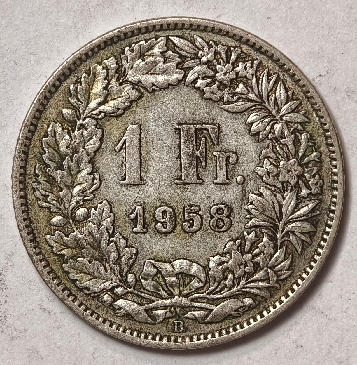 紫瑗钱币——第412期 瑞士 1958年 B版 赫尔维蒂女神 1法郎 5克 0.835银
