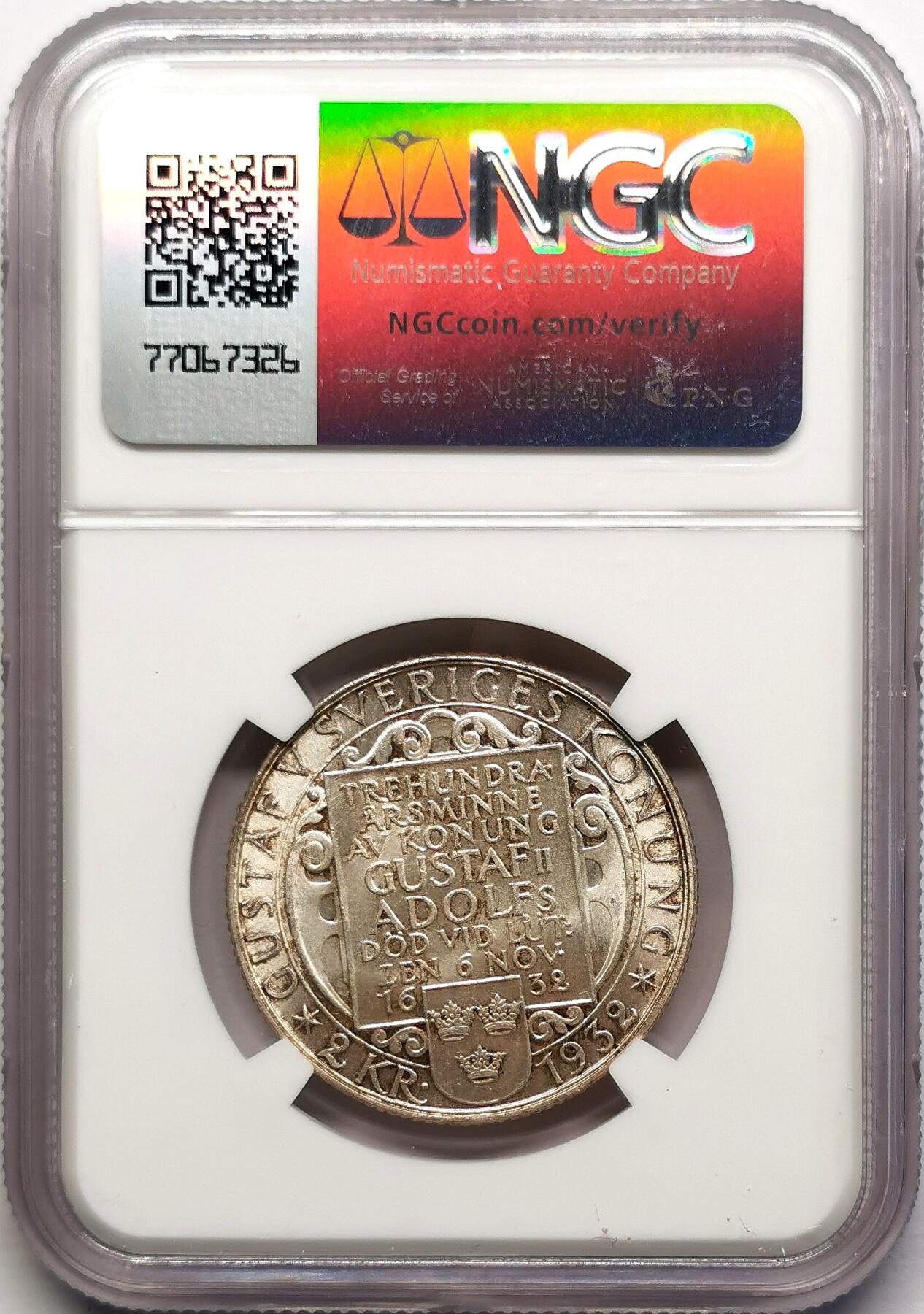 凡希社世界钱币微拍第二百七十八期 1932瑞典古斯塔夫逝世三百年纪念2克朗NGC-MS64