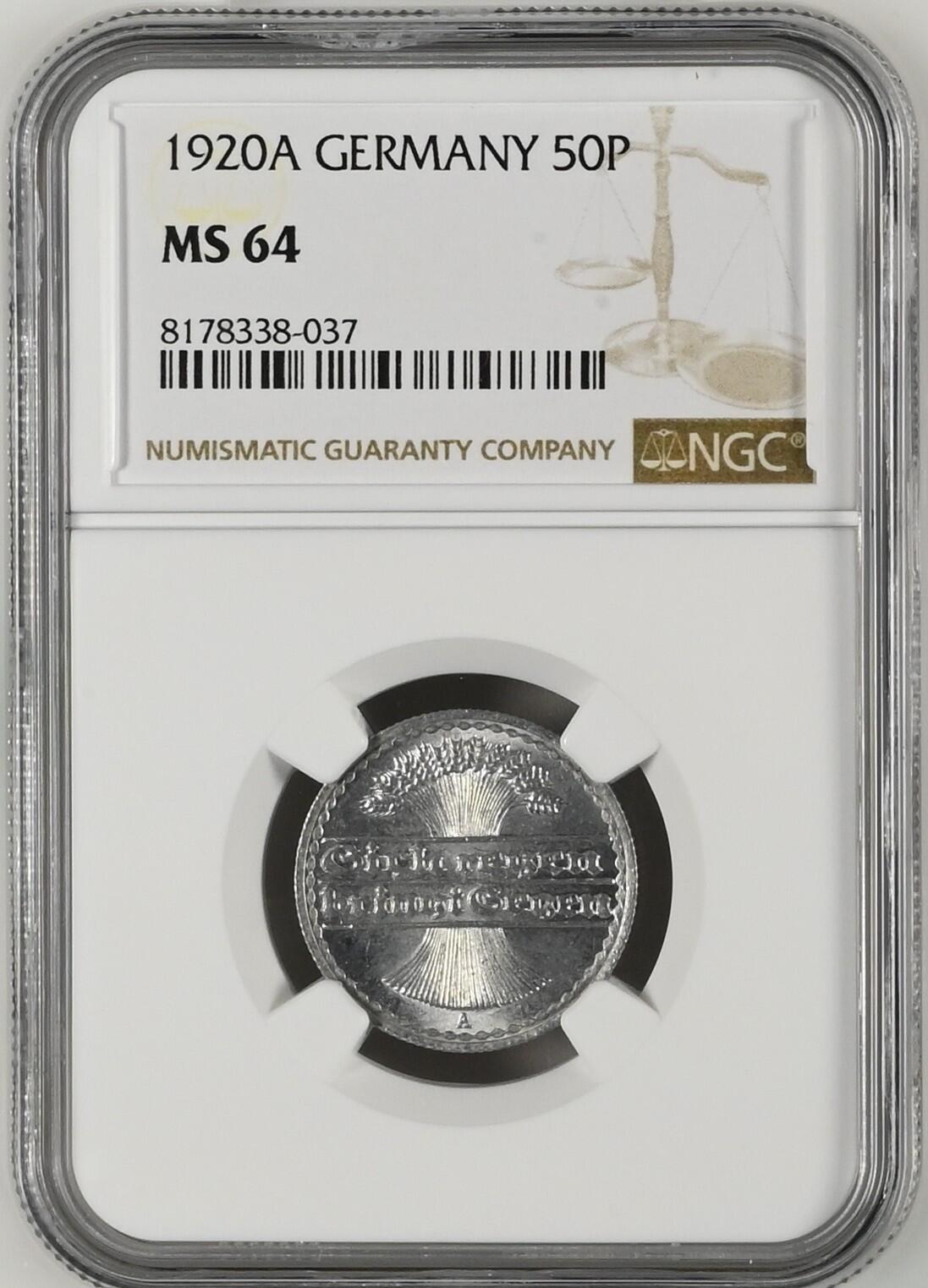 长老汇龙年精选第十三场拍卖 1920A 德国50芬尼铝币，NGC MS64