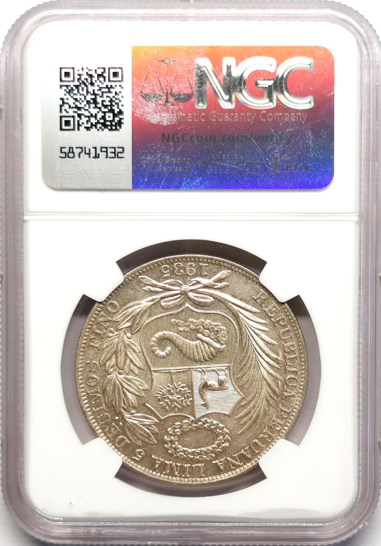 凡希社世界钱币微拍第二百七十八期 1935秘鲁座人SOL大银NGC-MS62