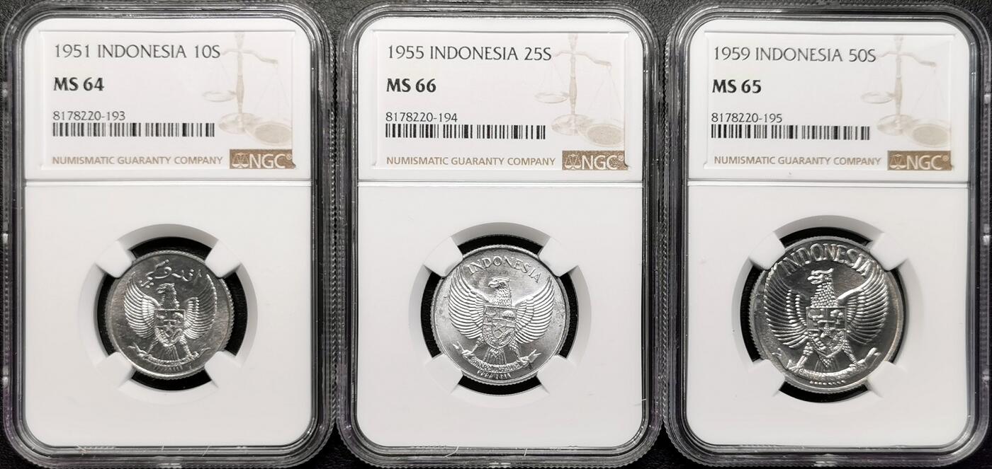 凡希社世界钱币微拍第二百七十八期 1950S印度尼西亚流通版三枚NGC-MS64/66/65