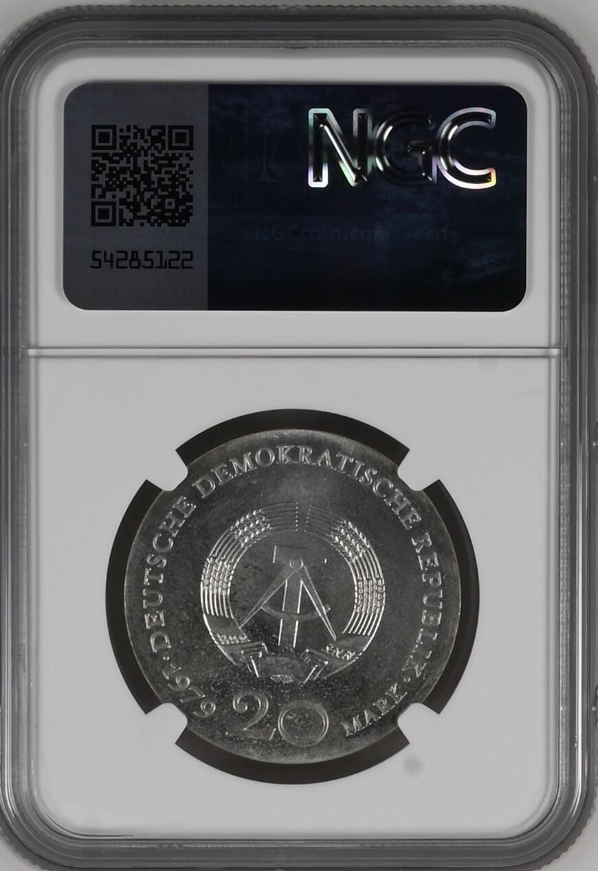 长老汇龙年精选第十三场拍卖 1979 东德莱辛20马克银币，NGC MS65，更高12枚，NGC官网63分160美金，本人有两枚，前几天卖出一枚