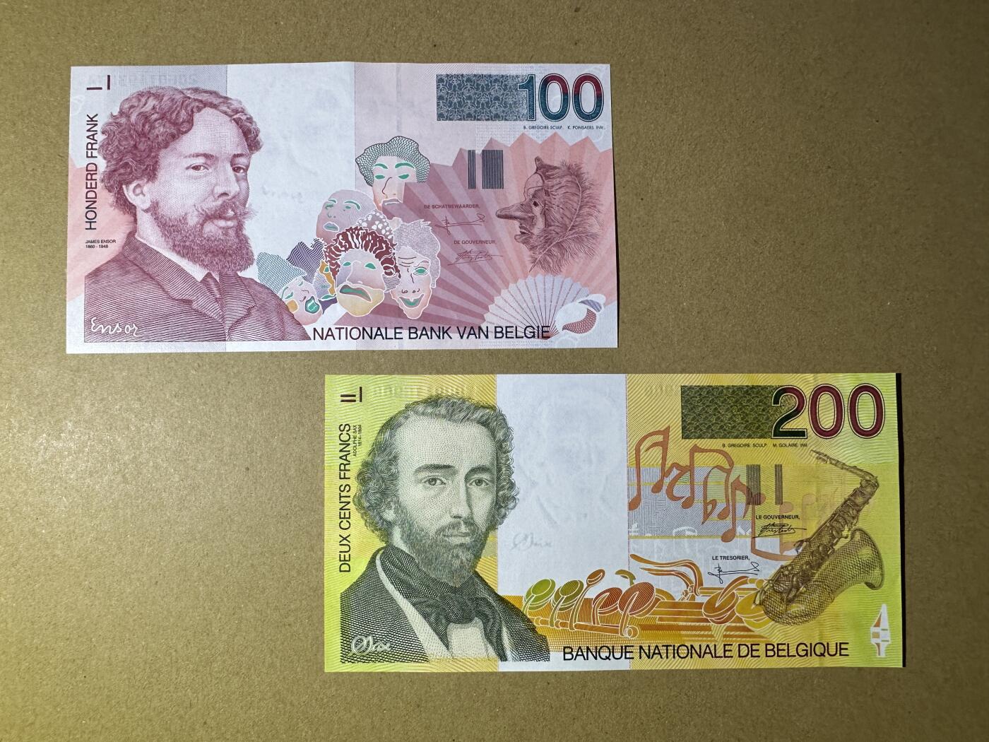 《张总收藏》160期-外币精品百拍周日场 比利时100、200法郎2张 UNC 末版 轻微荧光