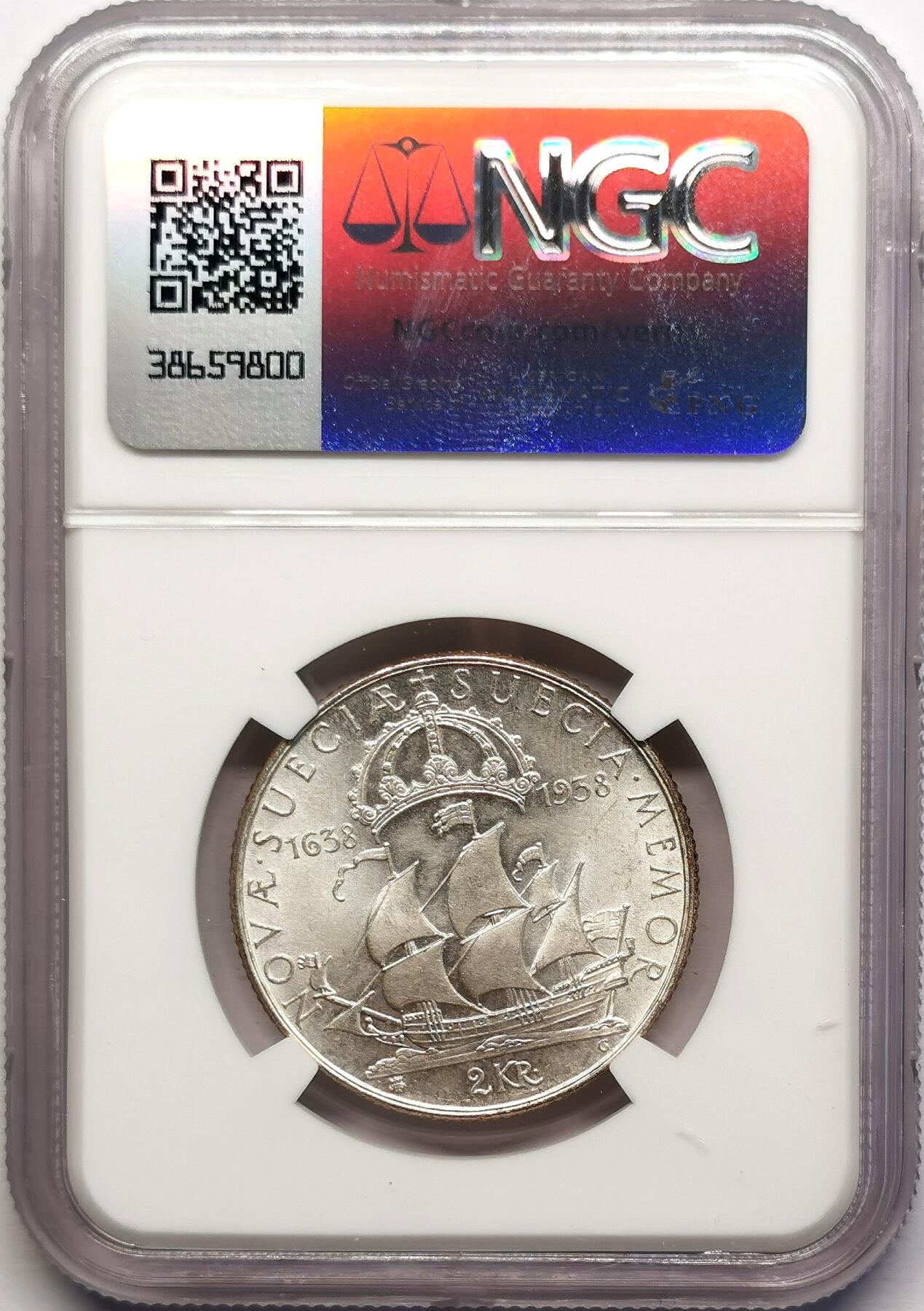 凡希社世界钱币微拍第二百七十八期 1938瑞典特拉华移民三百年纪念2克朗NGC-MS64