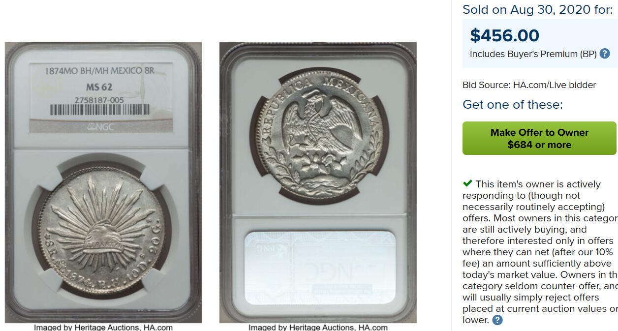 博洋堂“夏光旖旎”7月精品专场暨第085期（全场包邮） NGC MS64 墨西哥1874年MO BH/MH版花边鹰洋，罕见鉴定师骑字版，仅有一枚更高分