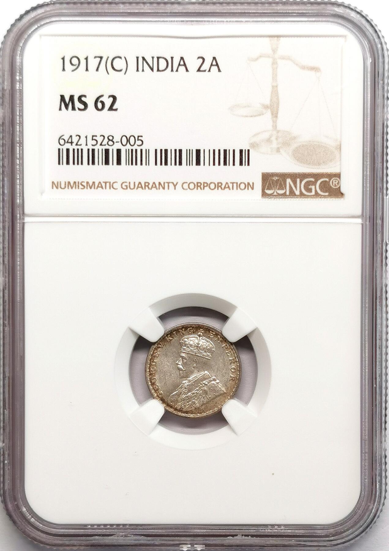 凡希社世界钱币微拍第二百七十八期 1917英属印度乔五2安那银辅币NGC-MS62