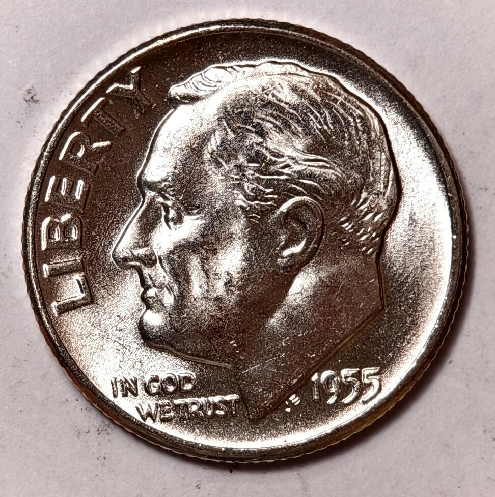 紫瑗钱币——第448期 美国 1955年 罗斯福 10美分 2.5克 0.9银 BU 可评级