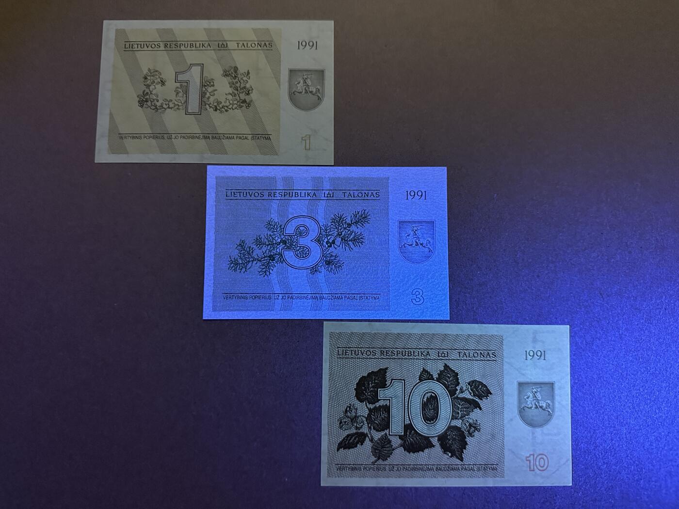 《张总收藏》160期-外币精品百拍周日场 立陶宛1、3、10元3张 UNC 1991年动物初版大票幅版本
