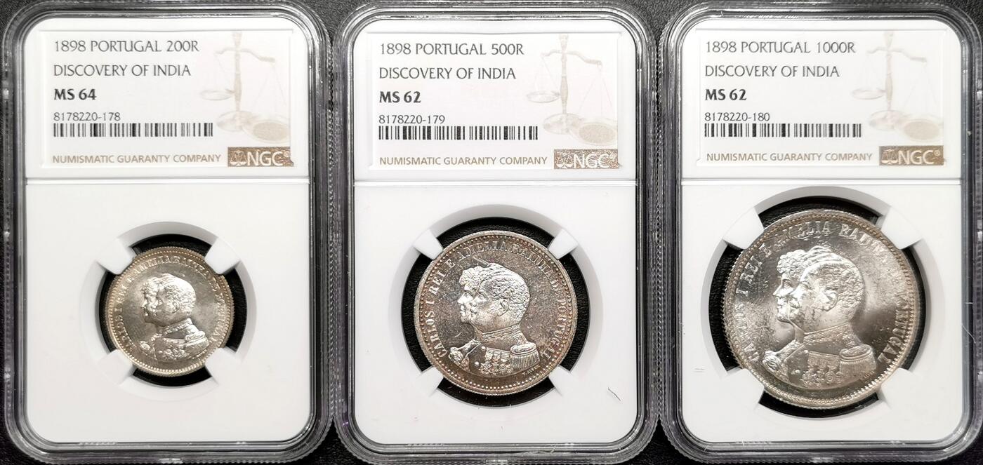 凡希社世界钱币微拍第二百七十八期 1898葡萄牙发现印度400周年纪念银币三枚套NGC-MS64/62/62