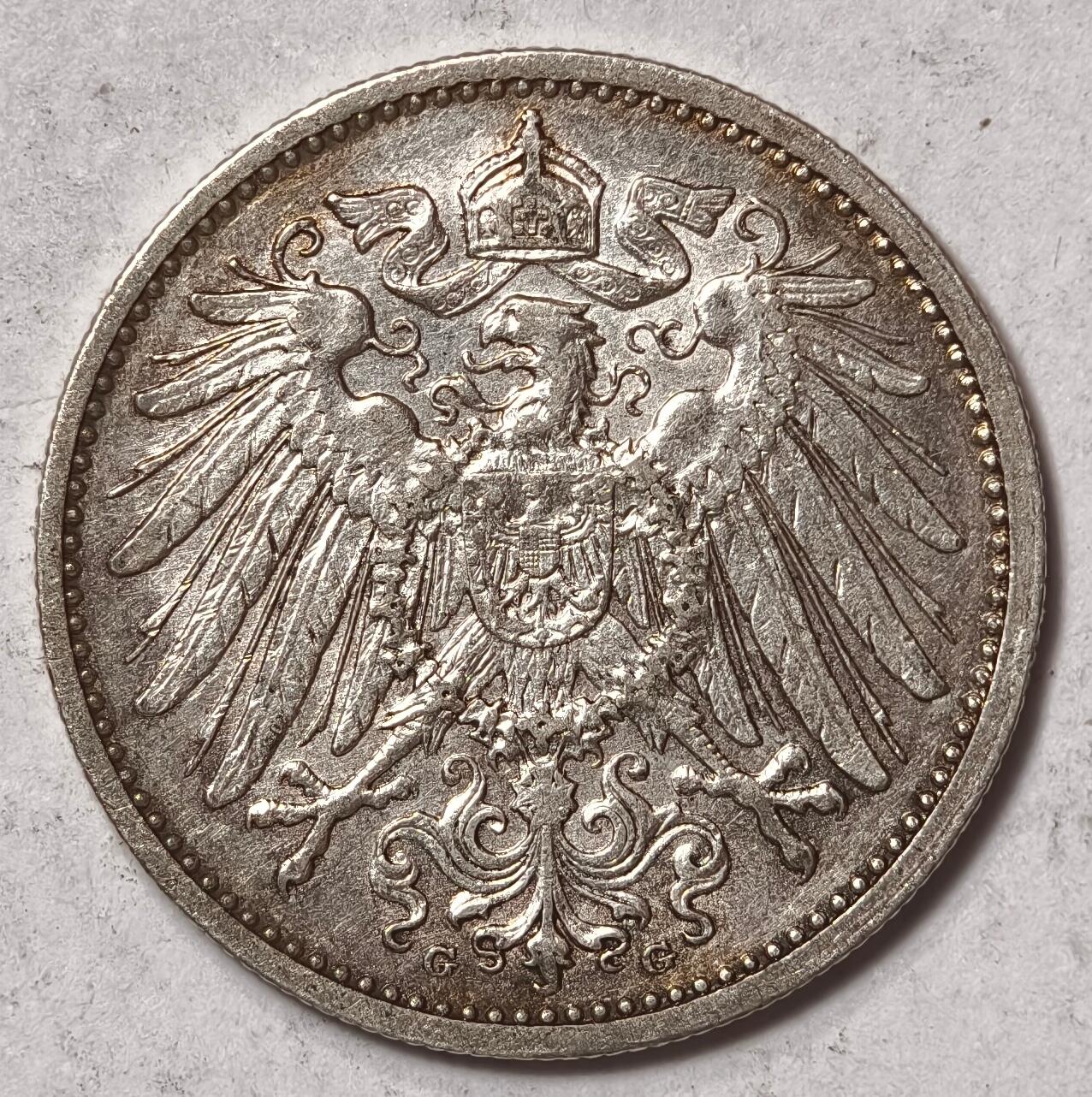 紫瑗钱币——第506期 德国 1911年 G版 第二帝国 长翅 1马克 银币 5.5克 0.9银 