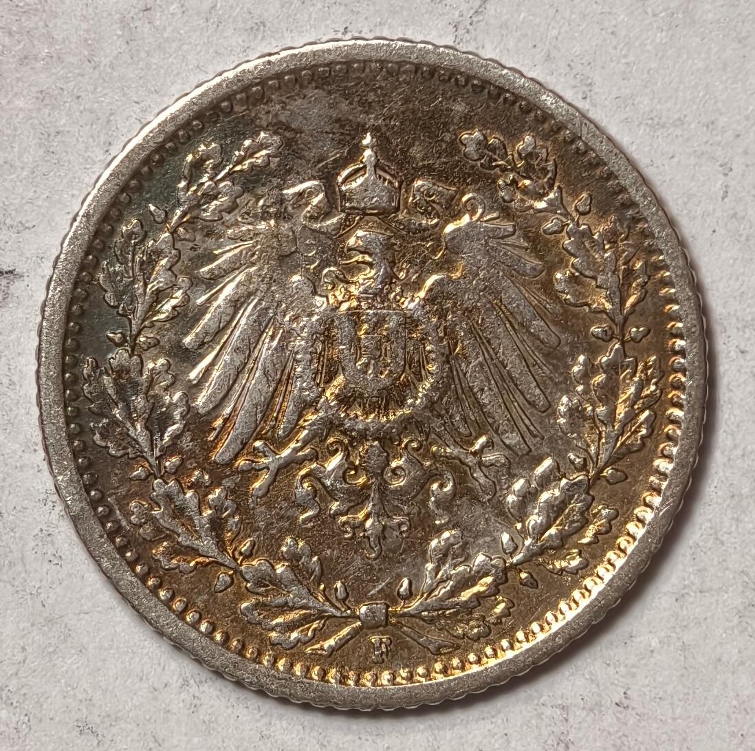 紫瑗钱币——第412期 德国 1906年 F版 第二帝国 1/2马克 银币 2.77克 0.9银 