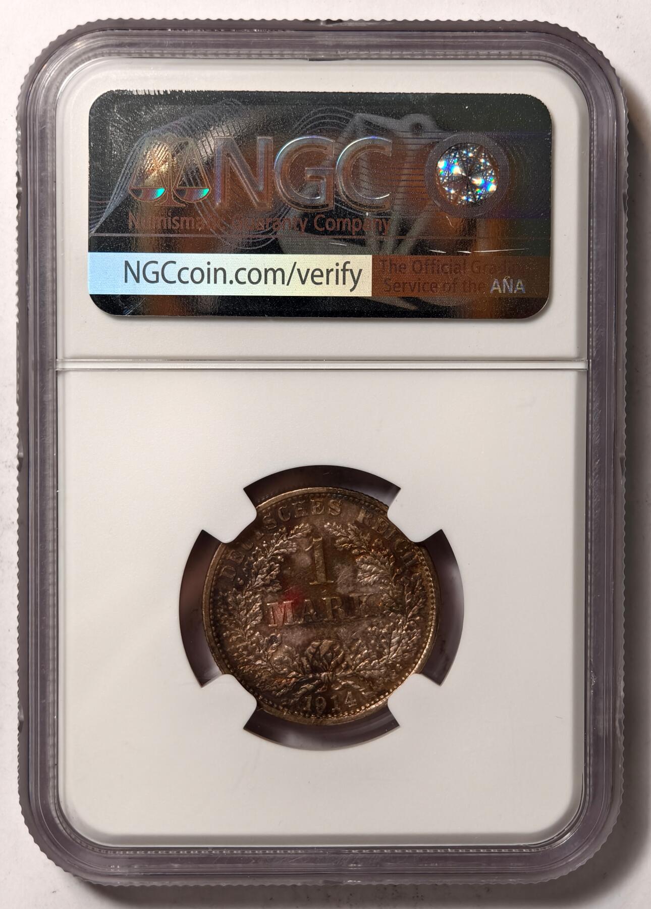 紫瑗钱币——第470期 德国 1914年 F版 第二帝国 长翅 1马克 银币 NGC MS61 