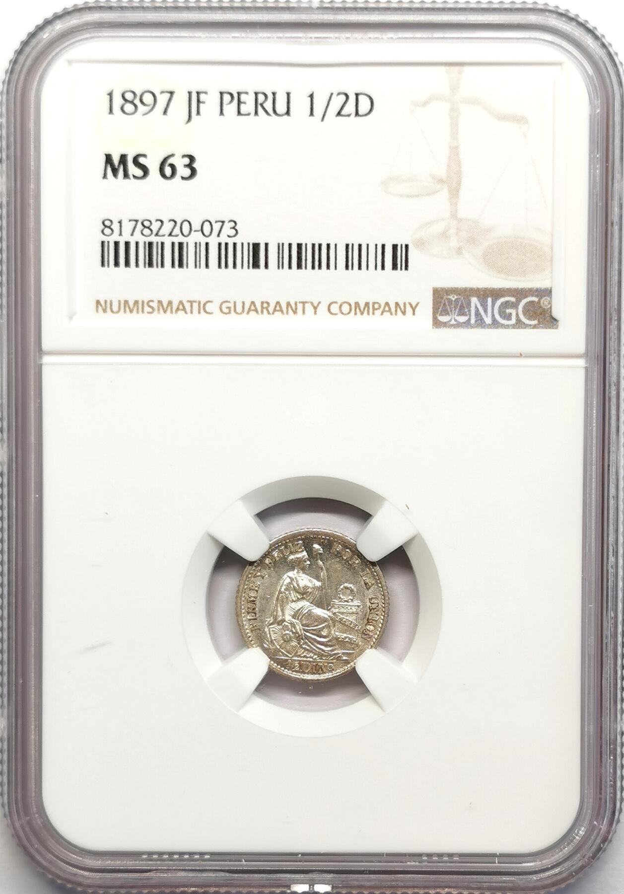 凡希社世界钱币微拍第二百七十八期 1897秘鲁座人1/2D银辅币NGC-MS63