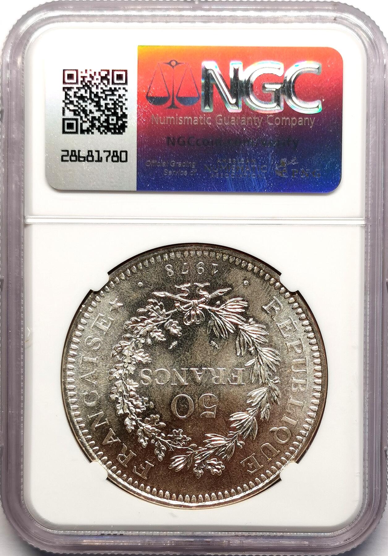 凡希社世界钱币微拍第二百七十八期 1978法国大力神50法郎大银NGC-MS66