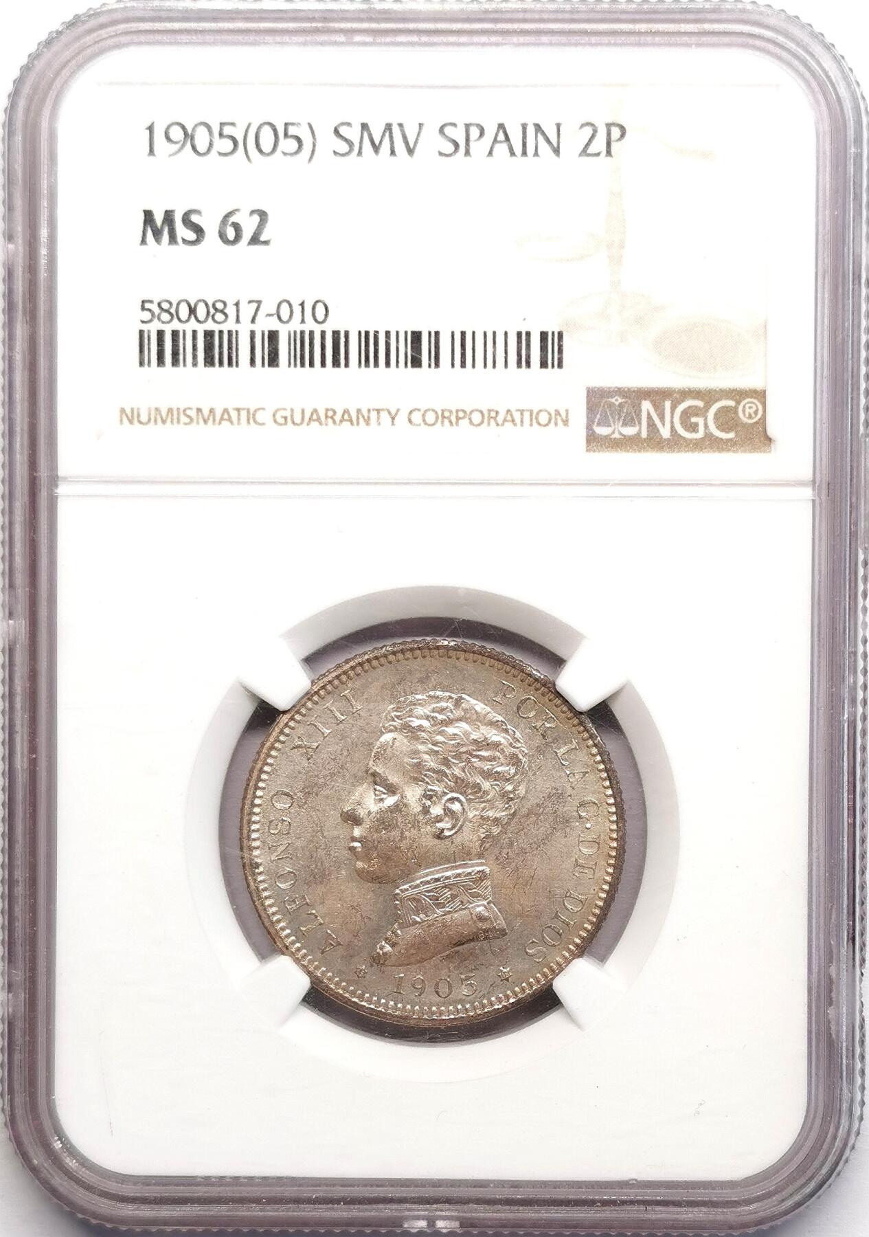 凡希社世界钱币微拍第二百七十八期 1905西班牙阿丰索十三世2P银币NGC-MS62