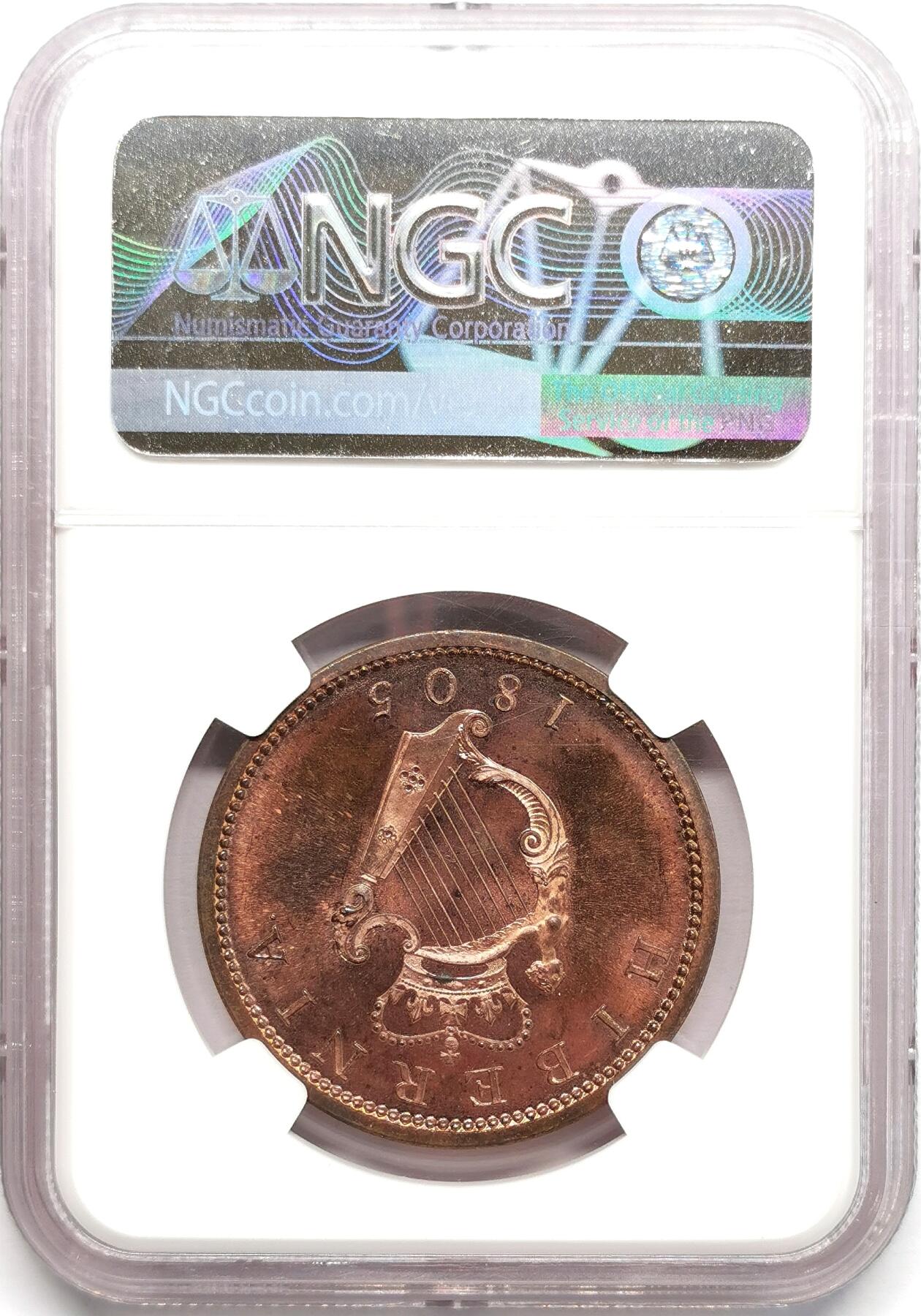 凡希社世界钱币微拍第二百七十八期 荐！1805爱尔兰乔三竖琴便士大铜精铸NGC-PF64RB，SOHO出品，铜光出色！