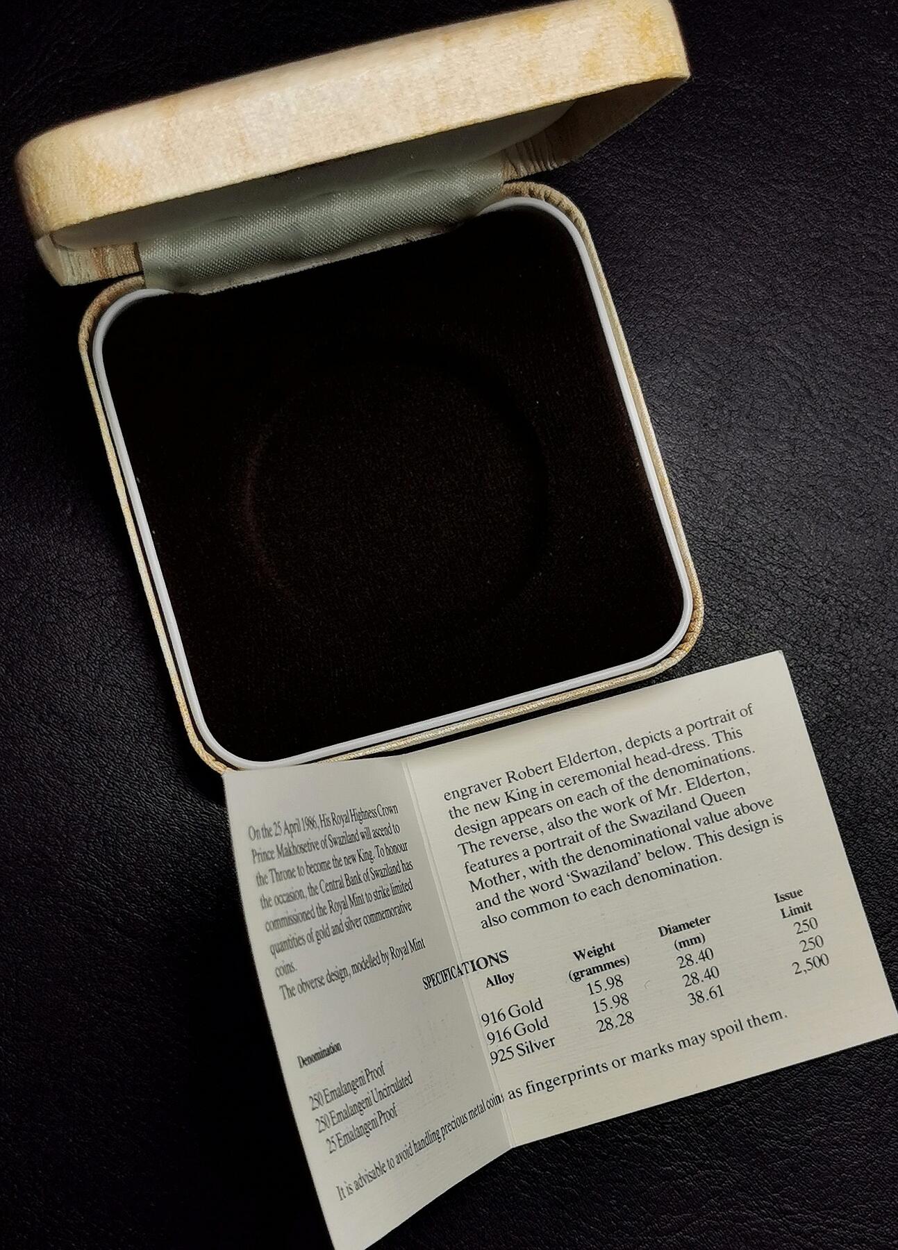 凡希社世界钱币微拍第二百七十八期 1986年斯瓦士兰姆斯瓦蒂三世国王登基精制银币NGC-PF69UC，附原盒原证！