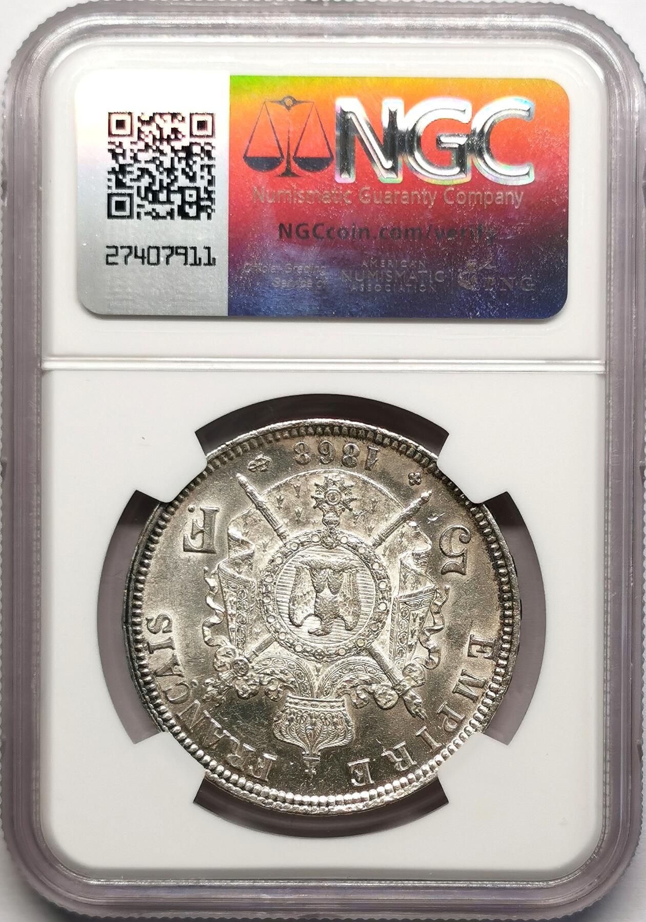 凡希社世界钱币微拍第二百七十八期 1868BB法国拿三5法郎大银NGC-MS62