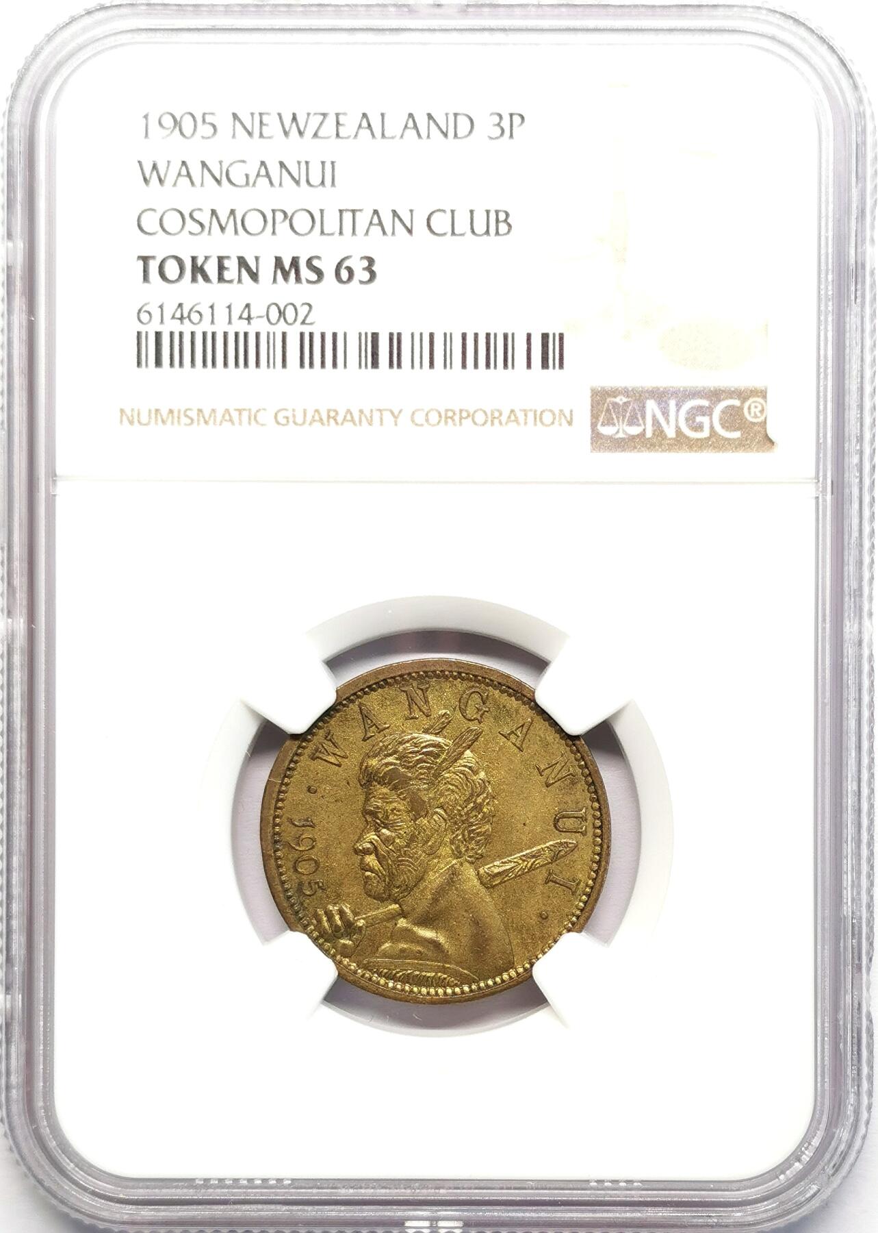 凡希社世界钱币微拍第二百七十八期 1905新西兰旺加努伊毛利人3便士黄铜代用币NGC-MS63