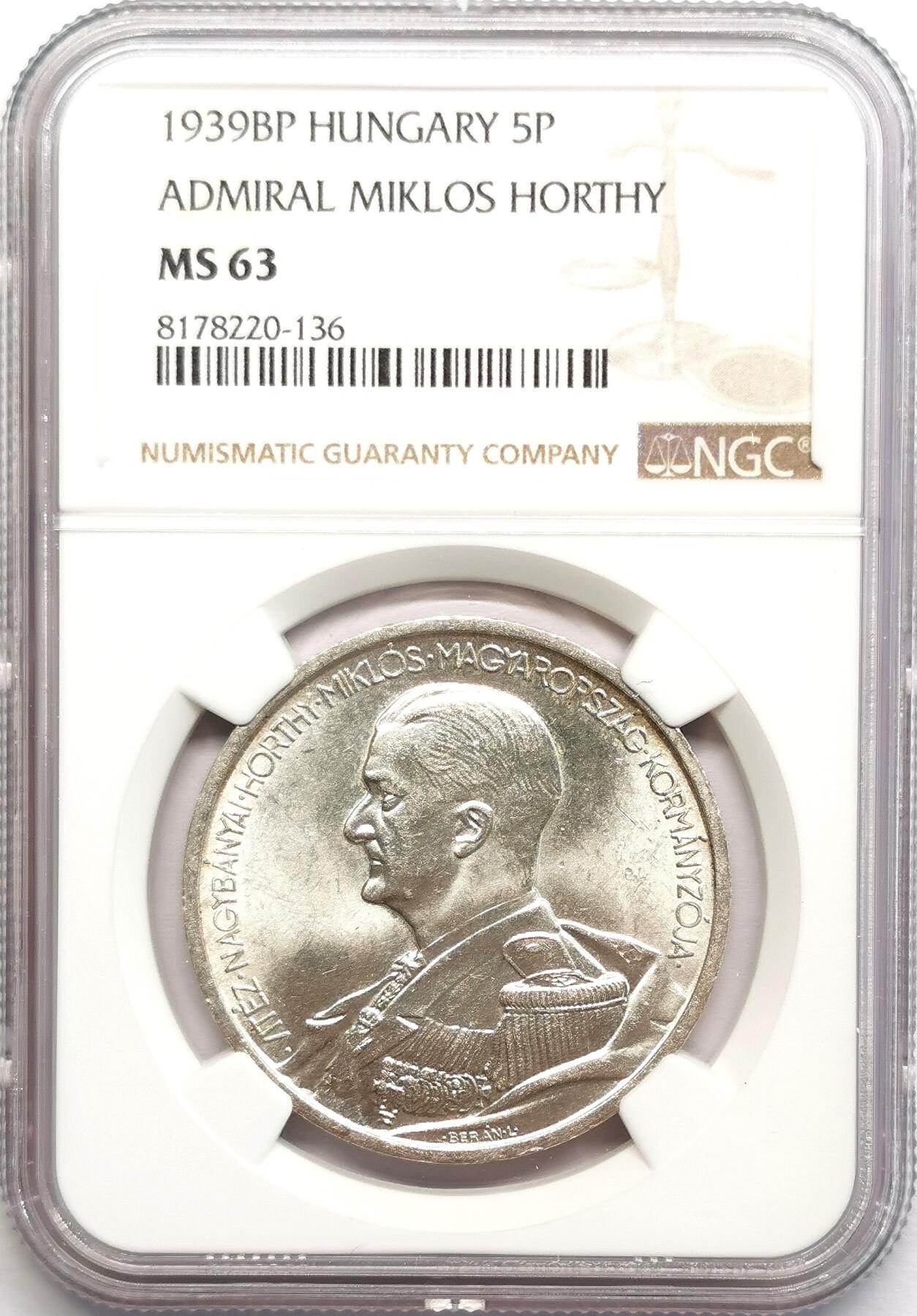 凡希社世界钱币微拍第二百七十八期 1939BP匈牙利霍尔蒂双天使执皇冠5Pengo大银NGC-MS63