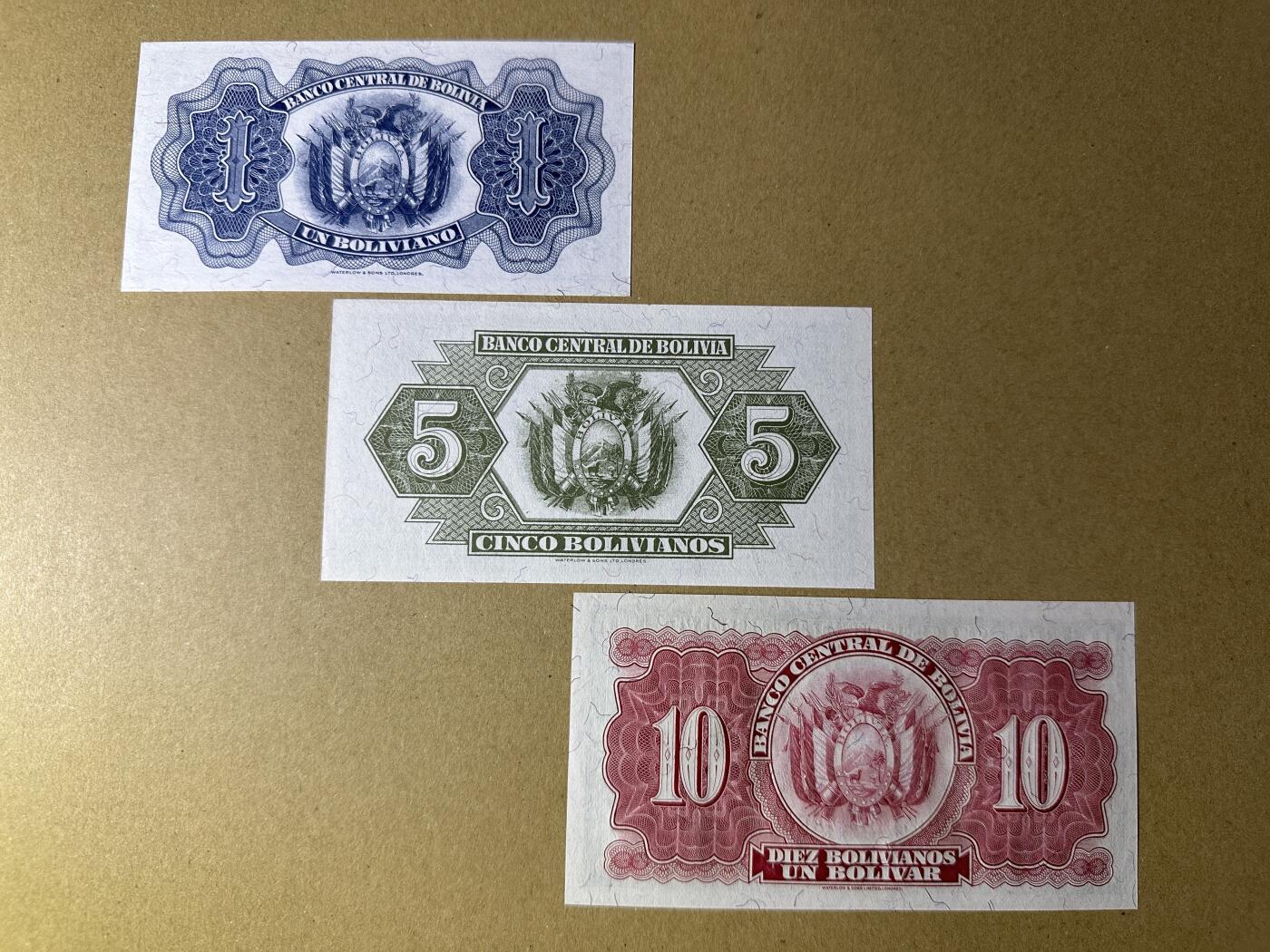 《张总收藏》160期-外币精品百拍周日场 玻利维亚1、5、10玻利瓦尔3张 UNC 1928年老版本