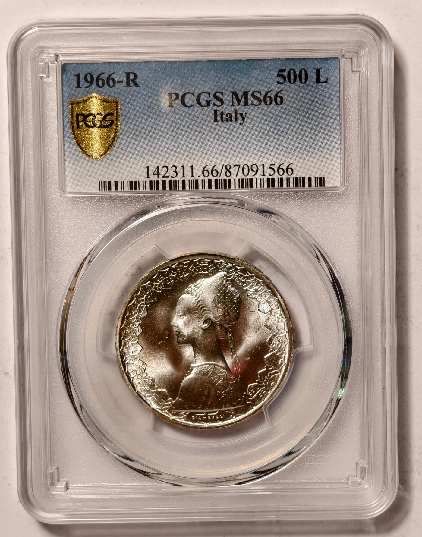 紫瑗钱币——第448期 意大利 1966年 R版 少女与帆船 500里拉 银币 PCGS MS66