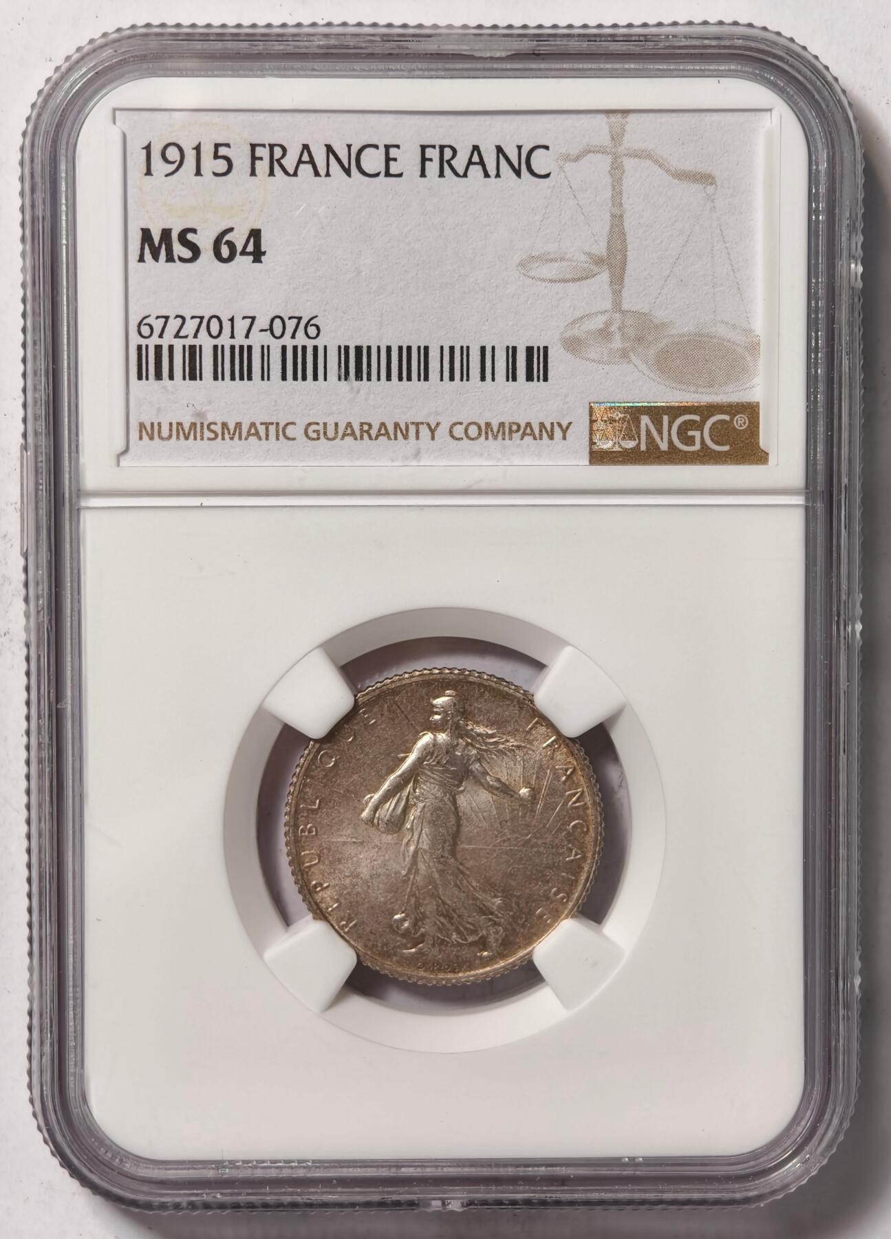 紫瑗钱币——第412期 法国 1915年 播种女神 1法郎 银币 NGC MS64