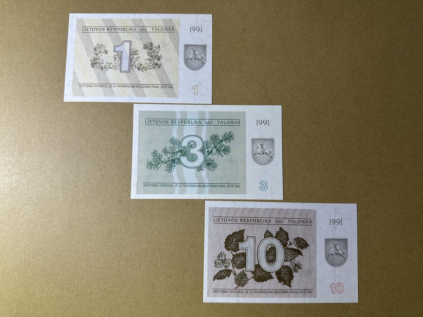 《张总收藏》160期-外币精品百拍周日场 立陶宛1、3、10元3张 UNC 1991年动物初版大票幅版本