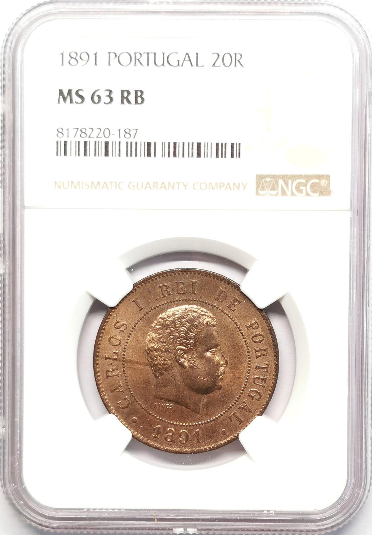 凡希社世界钱币微拍第二百七十八期 1891葡萄牙卡洛斯一世20R铜币NGC-MS63