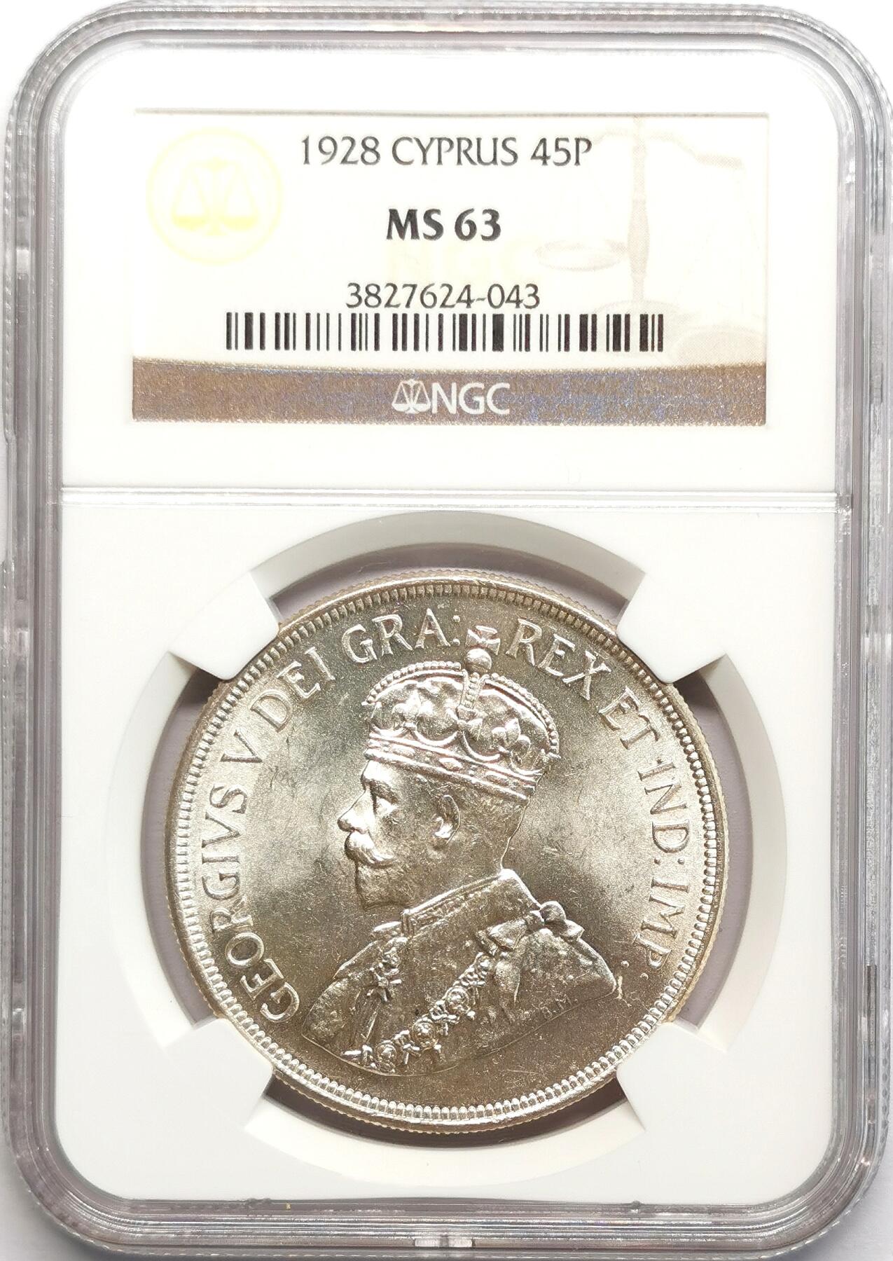 凡希社世界钱币微拍第二百七十八期 荐！1928英属塞浦路斯乔五45皮亚斯特大银NGC-MS63，银光未流通品，乔五时期殖民地唯二的克朗型大银