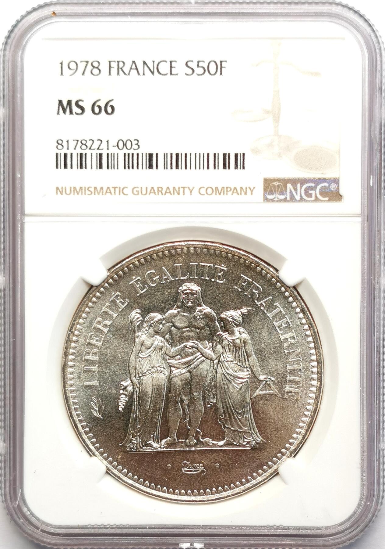 凡希社世界钱币微拍第二百七十八期 1978法国大力神50法郎大银NGC-MS66