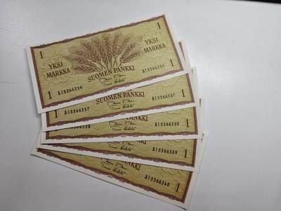 康怡轩钱币【世界纸币专场】第438期  - 芬兰1马克纸币 5连号  A10366336-A10366340