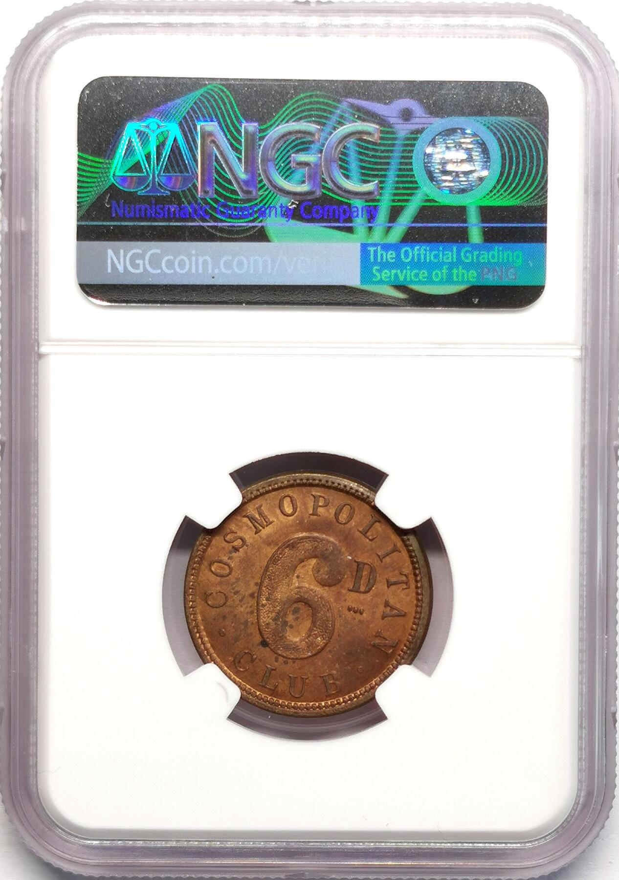 凡希社世界钱币微拍第二百七十八期 1905新西兰旺加努伊毛利人6便士红铜代用币NGC-MS63