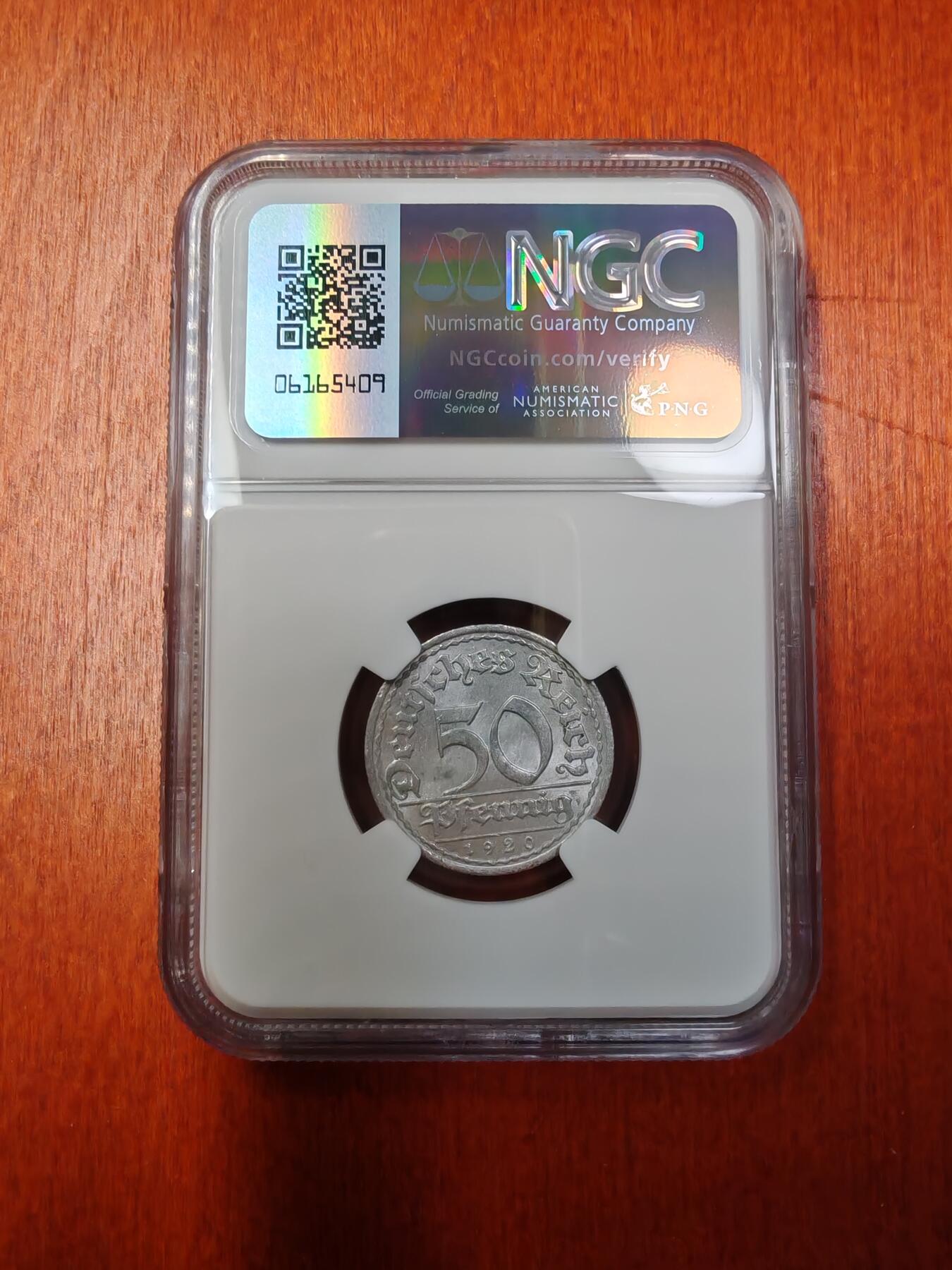 长老汇龙年精选第十三场拍卖 1920A 德国50芬尼铝币，NGC MS64