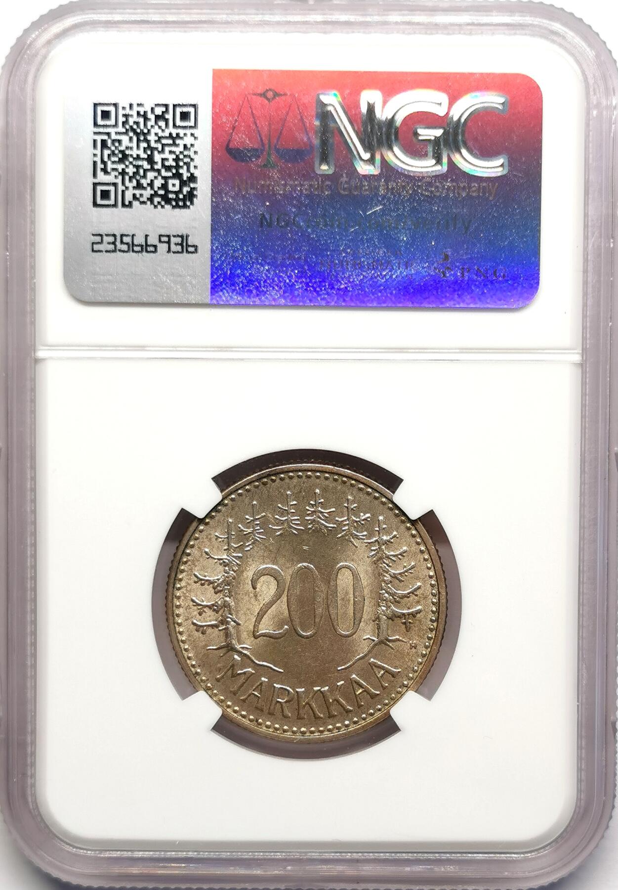 凡希社世界钱币微拍第二百七十八期 1957芬兰200马克银币NGC-MS62