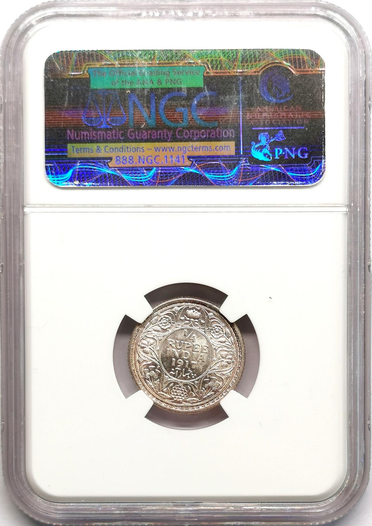 凡希社世界钱币微拍第二百七十八期 1917英属印度乔五1/4卢比NGC-MS62