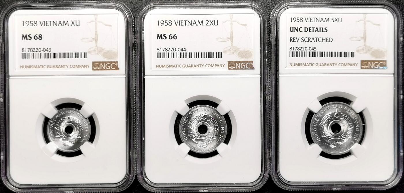 凡希社世界钱币微拍第二百七十八期 1958越南圆孔流通版三枚套NGC两枚超高分！