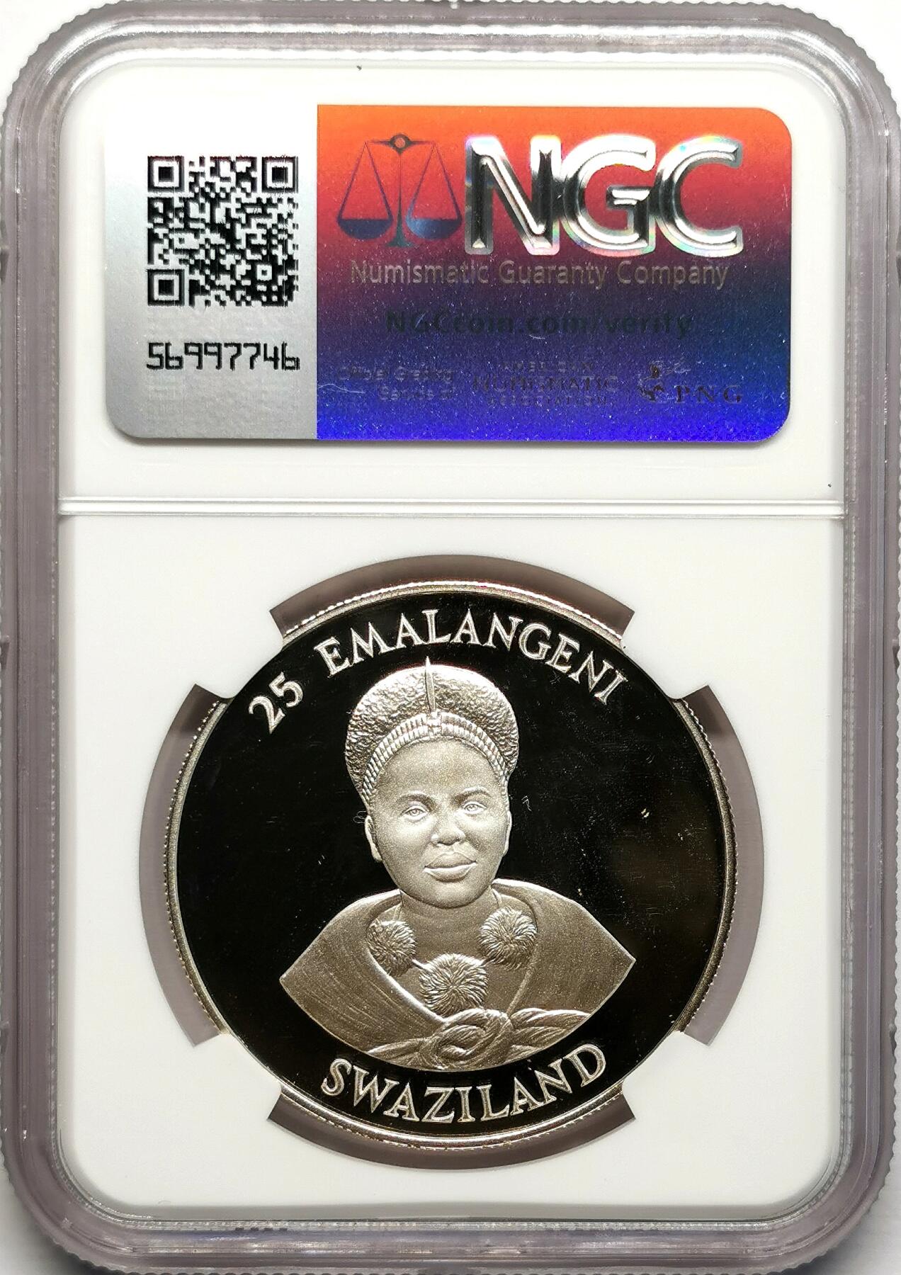 凡希社世界钱币微拍第二百七十八期 1986年斯瓦士兰姆斯瓦蒂三世国王登基精制银币NGC-PF69UC，附原盒原证！