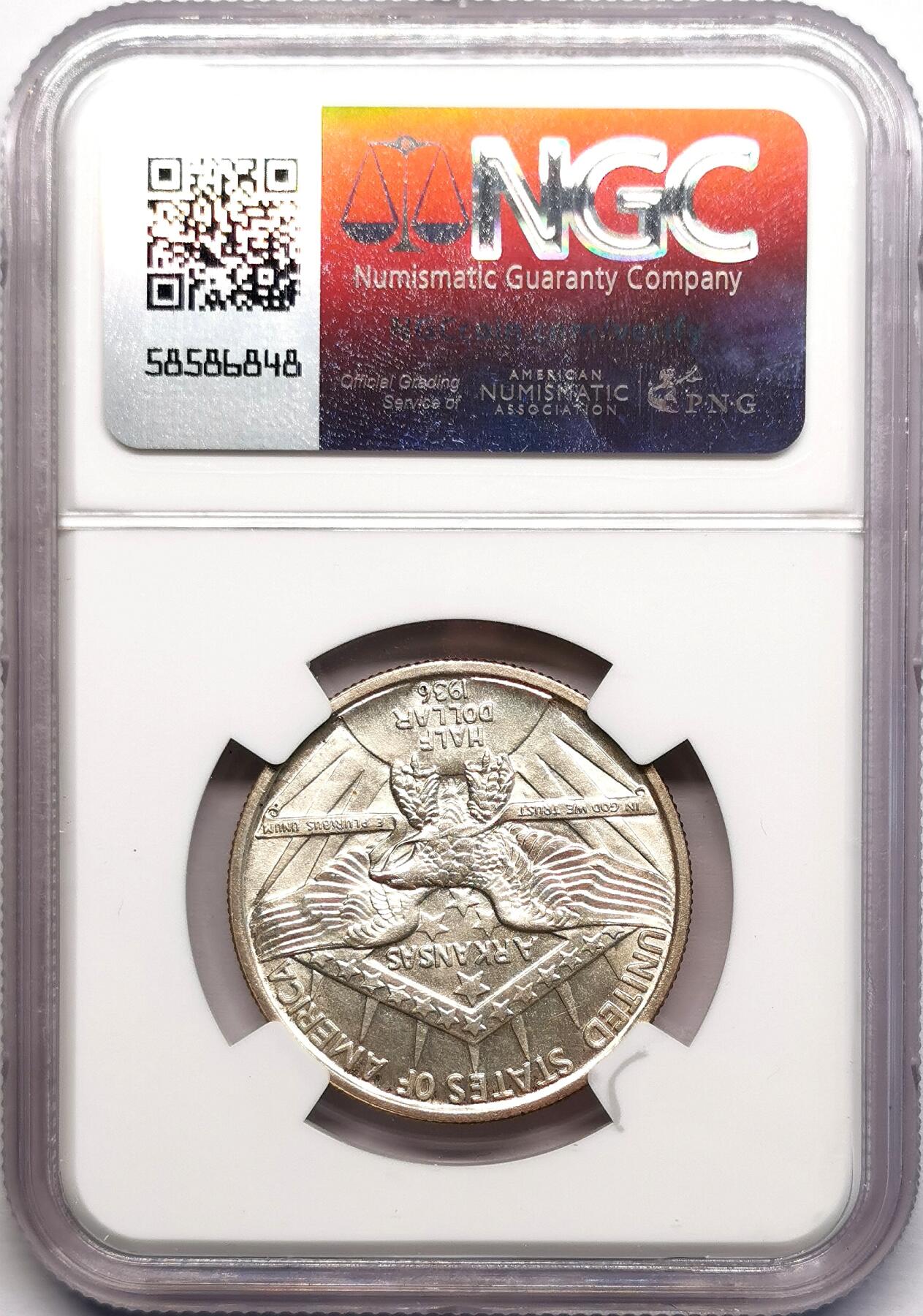 凡希社世界钱币微拍第二百七十八期 1936美国阿肯色州百年纪念50美分NGC-MS64