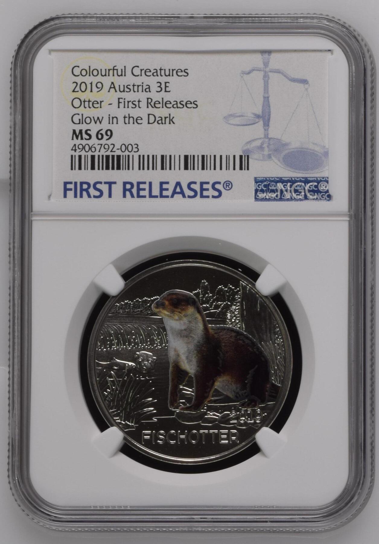 长老汇龙年精选第十三场拍卖 2019 奥地利水獭彩色发光金属币，NGC MS69，首期