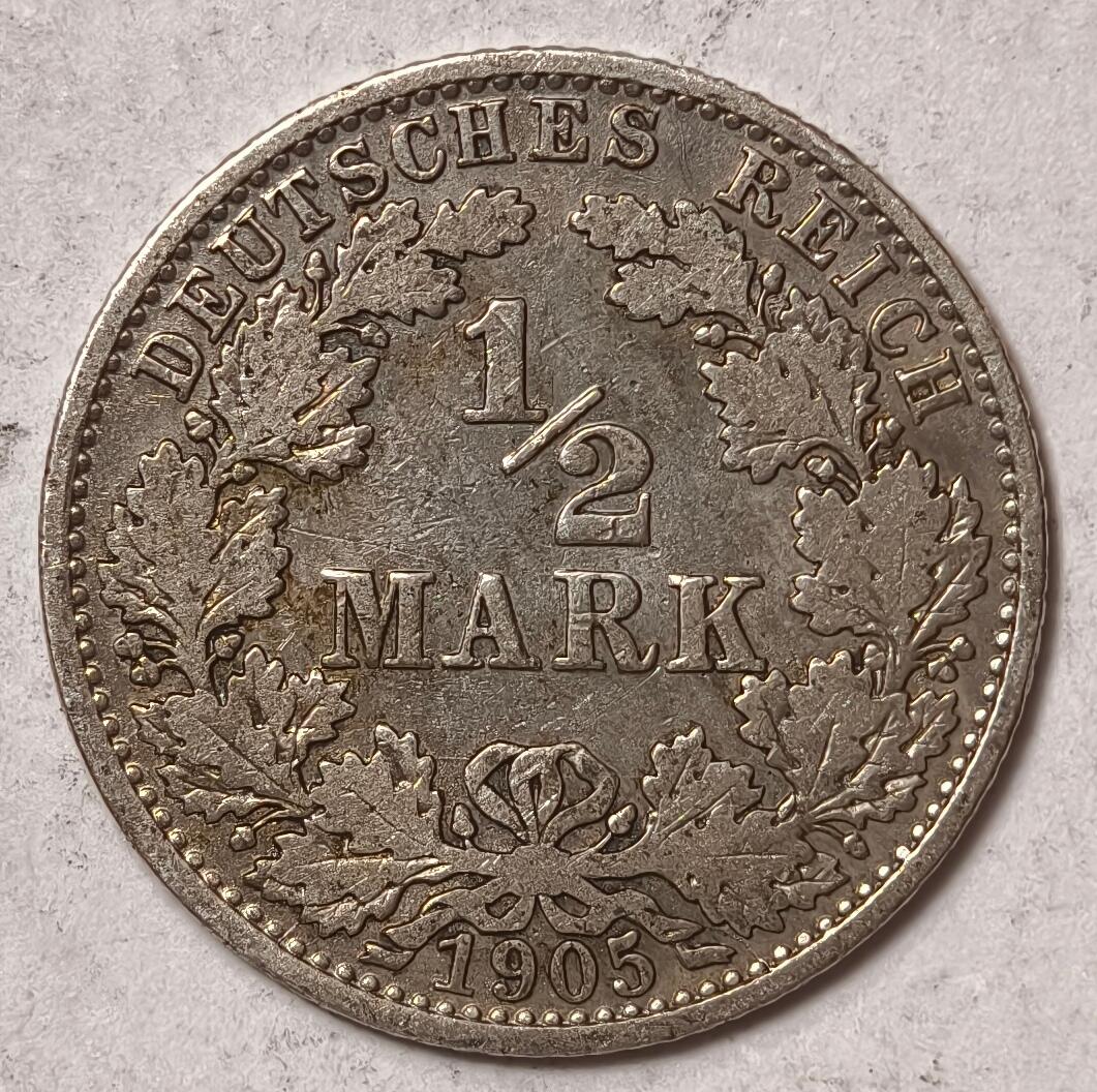 紫瑗钱币——第412期 德国 1905年 A版 第二帝国 1/2马克 银币 2.77克 0.9银 