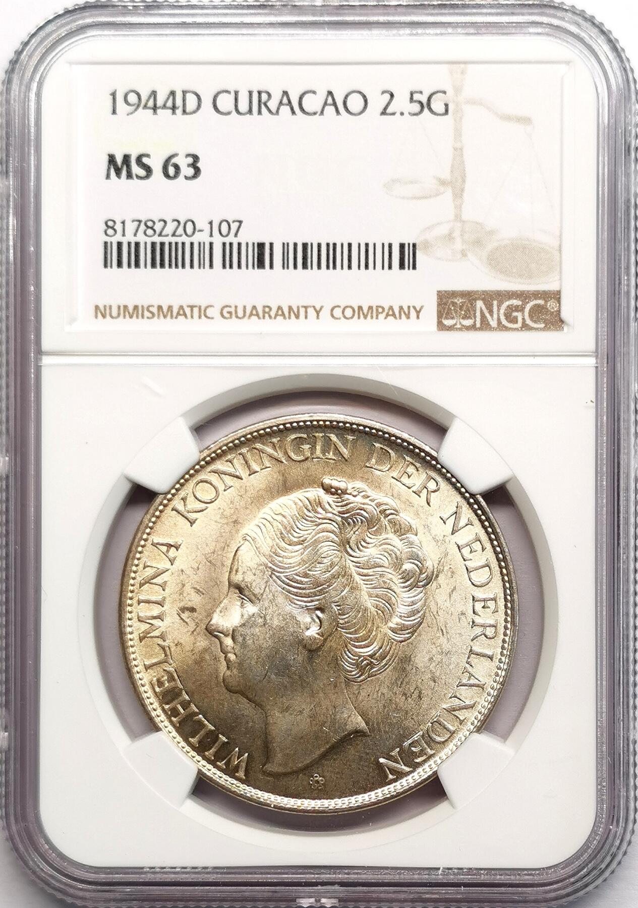 凡希社世界钱币微拍第二百七十八期 1944D荷属库索拉2.5盾大银NGC-MS63
